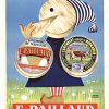 Vintage 1950s–60s French lithograph poster by André Roland for E. PAILLAUD Camembert cheese; features whimsical round-headed figure enjoying triangular cheese slice against blue sky background with pastoral landscape; includes period Paillaud cheese labels and branding; original Normandy dairy advertisement; collectible French cheese ephemera and culinary art from mid-century era.