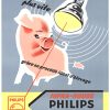 lithograph poster featuring a small pink piglet beneath a glowing yellow heat lamp against a soft grey-blue background. Concentric circles radiate from the lamp suggesting warmth. Red French text reads "they fatten faster thanks to the ideal rearing process." Philips logo and "INFRA-ROUGE PHILIPS" in red and black at base.