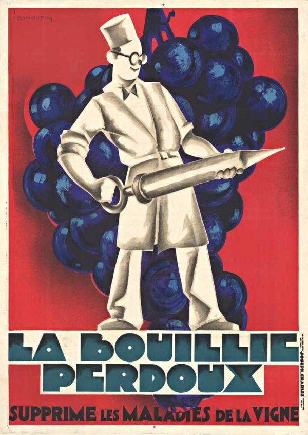 "Art Deco lithograph poster 'La Bouillie Perdoux' by Leon Dupin, 1930, featuring stylized man with sulfur dispenser and vibrant blue grapes on red background, vintage French agricultural advertising poster"