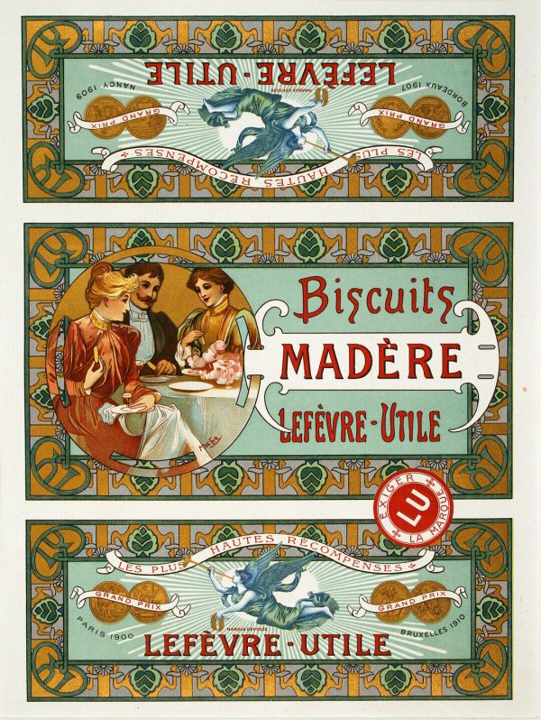 Original Alphonse Mucha stone-lithograph biscuits poster for Lefevre Utile with gold leaf embossing, 8.2" x 11.3" small format vintage advertisement from the 1890s