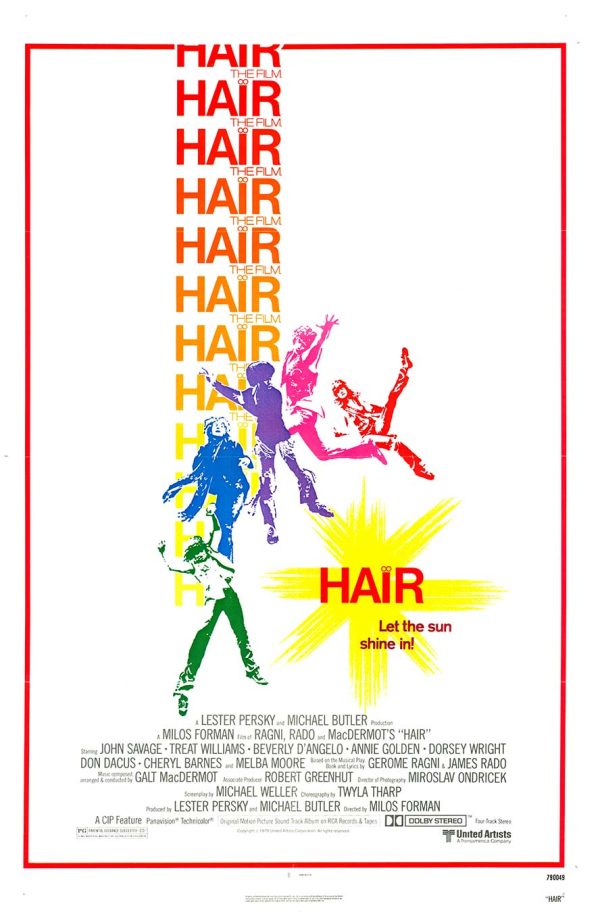 1979 U.S. one-sheet poster Hair by Bill Gold featuring multicolored dancing silhouettes and the phrase “Let the sun shine in” on a white background.