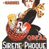 Vintage circa 1940s original stone lithograph poster by P. Scheiferllez for Sirène et Phoque coffee brand (ORÉAL), featuring elegant woman in black with wicker shopping basket full of coffee selections and decorative red bow, "Des Marques" text, large-format exhibition poster; French quality coffee marketing, museum-caliber authenticity, conservation-mounted archival linen-backed vintage advertising.