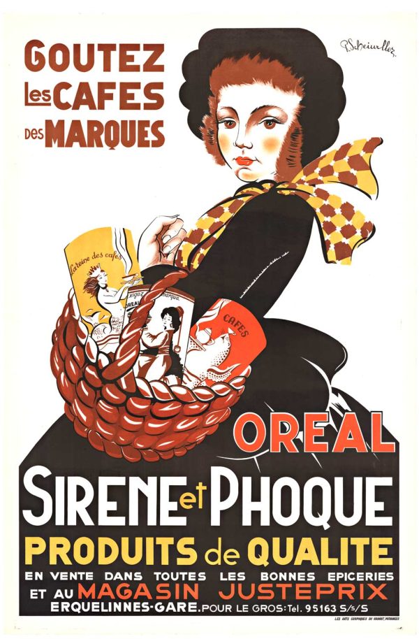 Vintage circa 1940s original stone lithograph poster by P. Scheiferllez for Sirène et Phoque coffee brand (ORÉAL), featuring elegant woman in black with wicker shopping basket full of coffee selections and decorative red bow, "Des Marques" text, large-format exhibition poster; French quality coffee marketing, museum-caliber authenticity, conservation-mounted archival linen-backed vintage advertising.