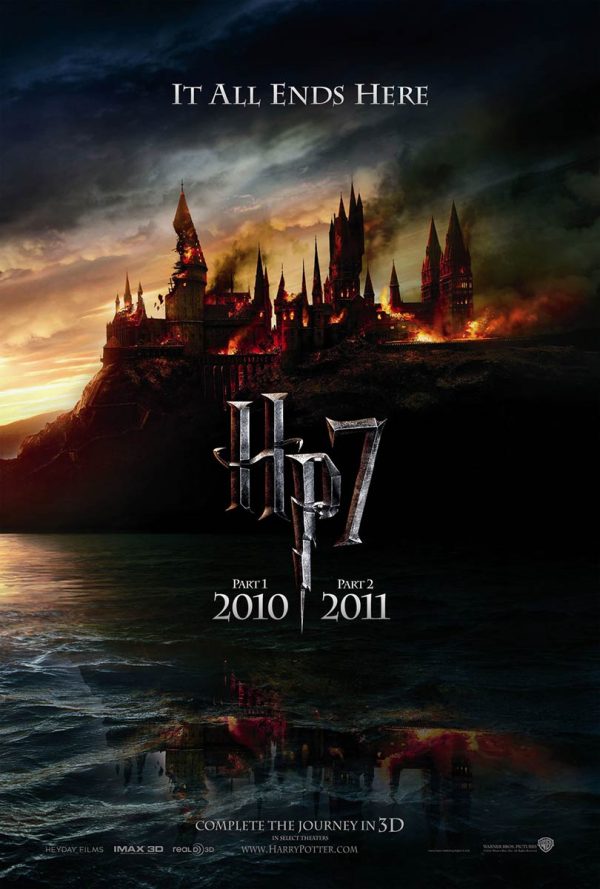 Dual-sided original U.S. one-sheet movie poster for “Harry Potter and the Deathly Hallows” showing Hogwarts castle artwork with “Part 1 2010” and “Part 2 2011” text.