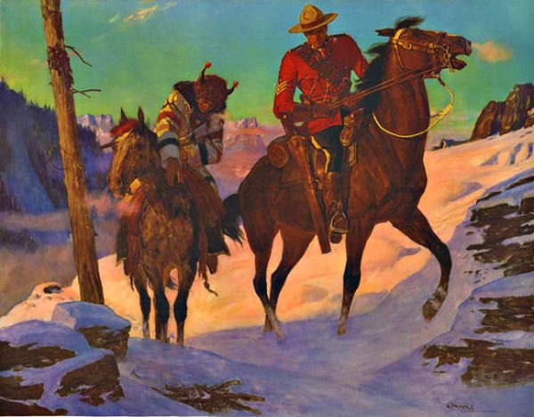 Original Royal Canadian Mounted Police (RCMP) vintage poster horizontal image, Indian tracker in the snow, archival linen backed