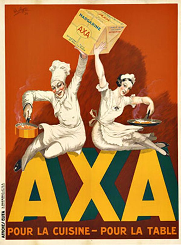Original 1934 French lithograph poster by Robys for AXA margarine, featuring chef with copper pot and maid suspended above bold yellow lettering against striking rust-orange background, rare food advertising art printed by Affiches Elita