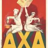 1934 Art Deco margarine poster featuring white-clad chef with copper pot and maid with golden eggs suspended above bold yellow-and-navy "AXA" letterforms, burnt-orange theatrical background, warm color palette, Robys signature design style
