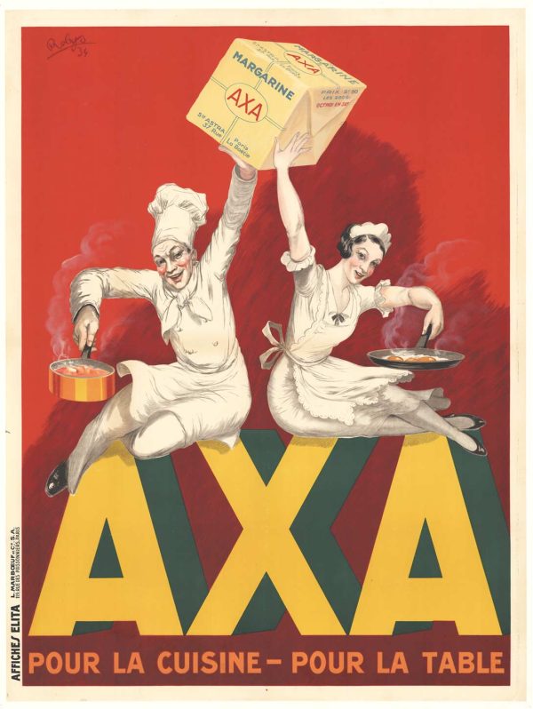 1934 Art Deco margarine poster featuring white-clad chef with copper pot and maid with golden eggs suspended above bold yellow-and-navy "AXA" letterforms, burnt-orange theatrical background, warm color palette, Robys signature design style