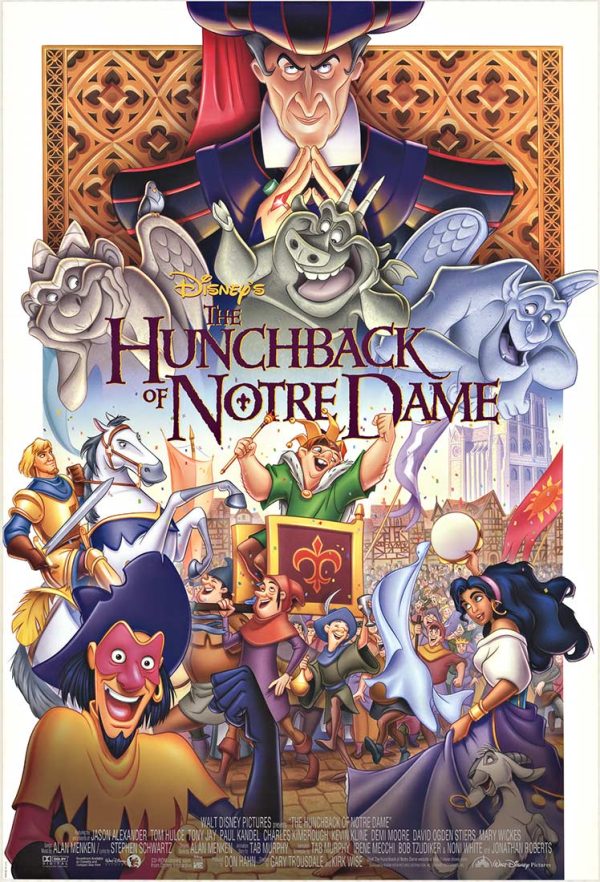 1996 The Hunchback of Notre Dame U.S. one-sheet double-sided poster, artist unknown, featuring Quasimodo framed by Notre Dame architecture with surrounding characters and vibrant Gothic color palette.