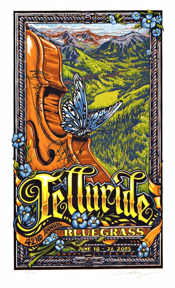 Color concert poster titled “Telluride” featuring stylized typography with a butterfly at left, bright orange and green background artwork, and bluegrass festival graphics