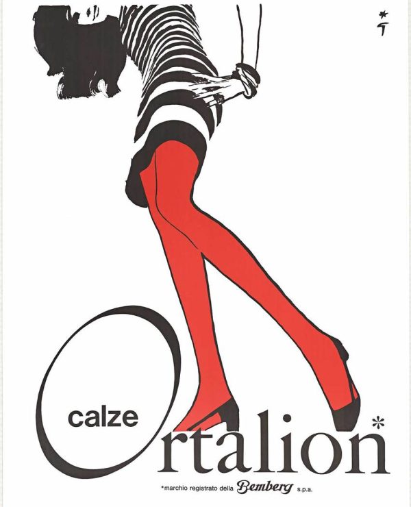 Original 1965 René Gruau Calze Ortalion Italian poster, red leg stocking advertisement, offset-lithograph, linen-backed, IVPDA certified authentic vintage fashion art