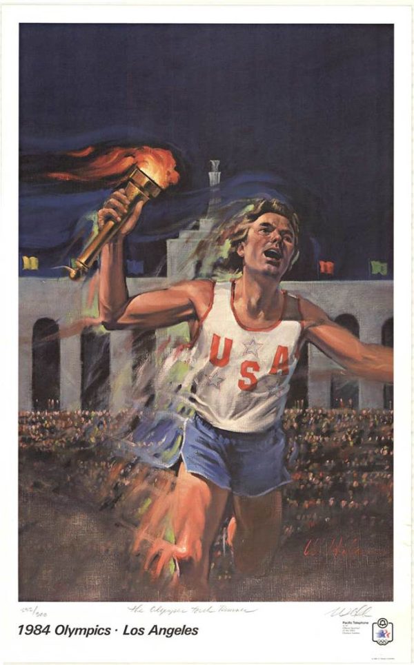The Olympic Torch Runner Los Angeles Olympics Torch / runner original hand signed and numbered #232/300 vintage poster featuring the Olympic torch runner design.
