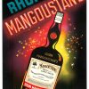 "Vintage Rhum Mangoustan's advertising poster by Robert Falcucci, 1950, featuring Art Deco tropical design with stylized mango fruit and bold lettering, rare French rum liqueur collectible poster"