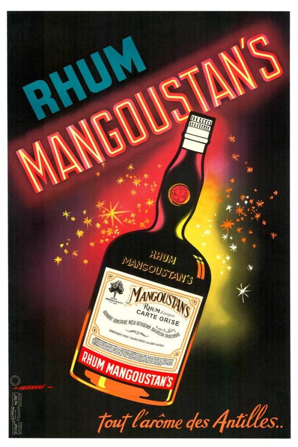 "Vintage Rhum Mangoustan's advertising poster by Robert Falcucci, 1950, featuring Art Deco tropical design with stylized mango fruit and bold lettering, rare French rum liqueur collectible poster"