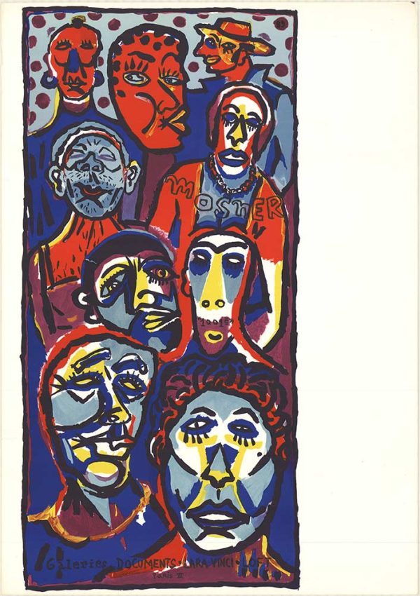 Original 1988 Ricardo Mosner serigraph poster featuring expressionist multi-face design in blue, red, and yellow; authenticated vintage poster