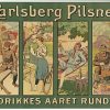 Carsten Ravn Carlsberg Pilsner 1908 vintage stone lithograph poster featuring four seasons with skier, cyclist, dandy, hunter drinking beer all year round, Danish