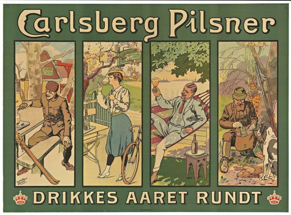 Carsten Ravn Carlsberg Pilsner 1908 vintage stone lithograph poster featuring four seasons with skier, cyclist, dandy, hunter drinking beer all year round, Danish