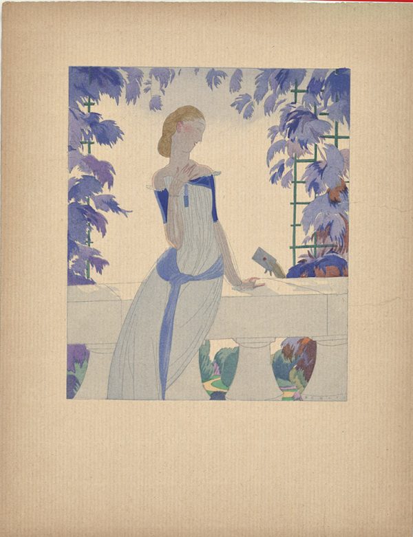 Pastel tones of a woman stang with greenery arch behinid her.