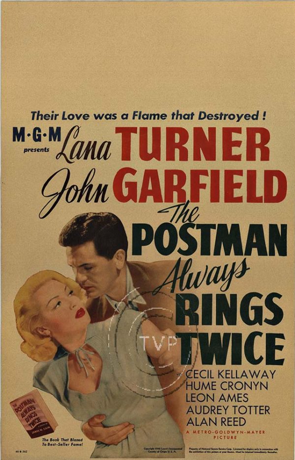 The Postman Always Rings Twice (1946) vintage movie insert poster (14" x 22") featuring John Garfield and Lana Turner, original studio-issued insert, acid-free paper backed and ready to frame