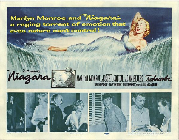 Original 1953 U.S. half-sheet movie poster for “Niagara” featuring Marilyn Monroe above Niagara Falls, with period credits and film-title typography; 22" x 28" layout.