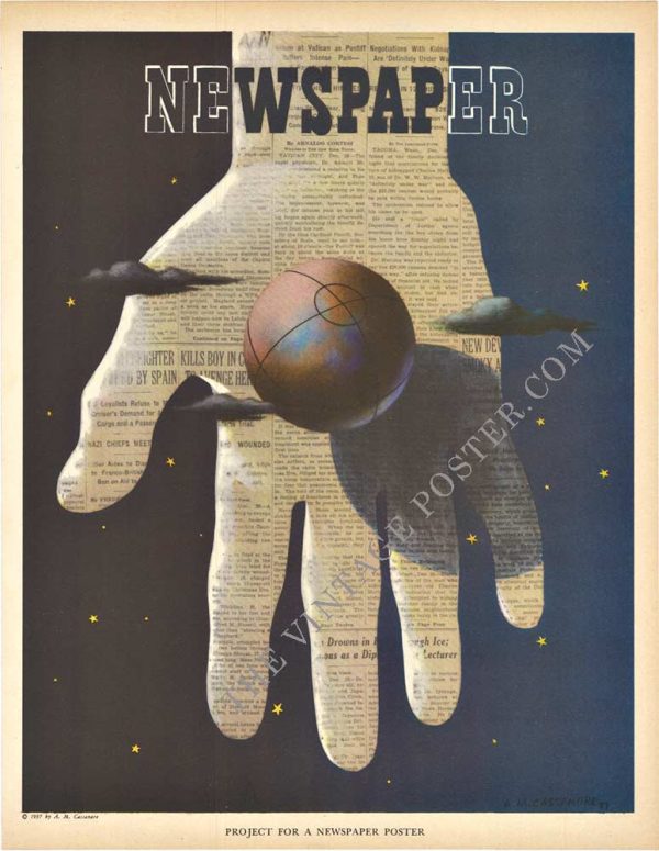 Vintage Art Deco poster by A. M. Cassandre featuring a white-gloved hand holding a globe against a deep blue background with golden accents, composed from newspaper text; 1937 Fortune Magazine project design.