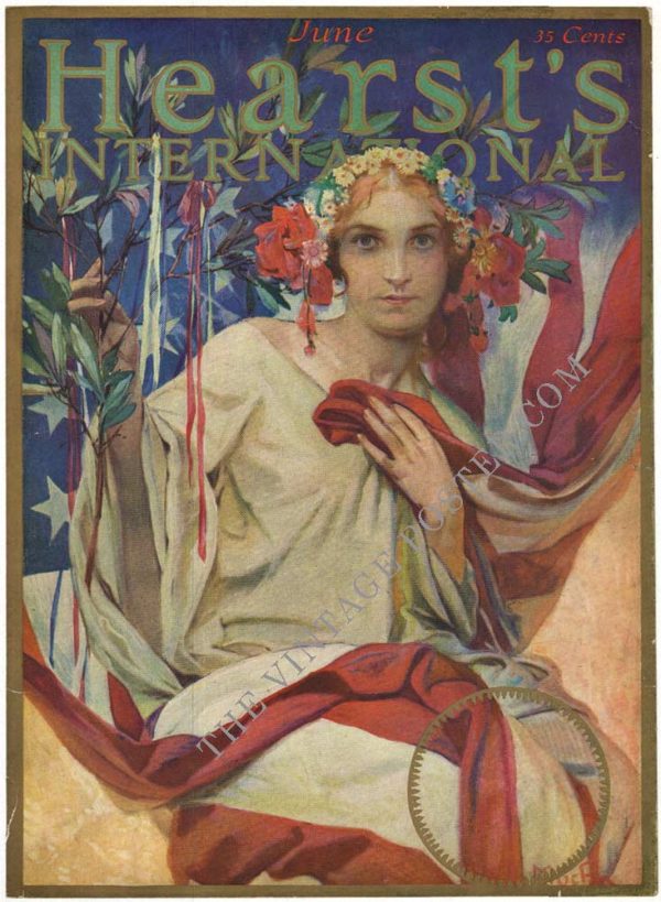 Original June 1922 offset lithograph cover by Alphonse Mucha for Hearst International, featuring a woman draped in the American flag seated in repose, her face idealized in classic Art Nouveau style, crowned with red roses and surrounded by stars and botanical elements. Rich palette of cream, gold, deep blue, and vibrant red.