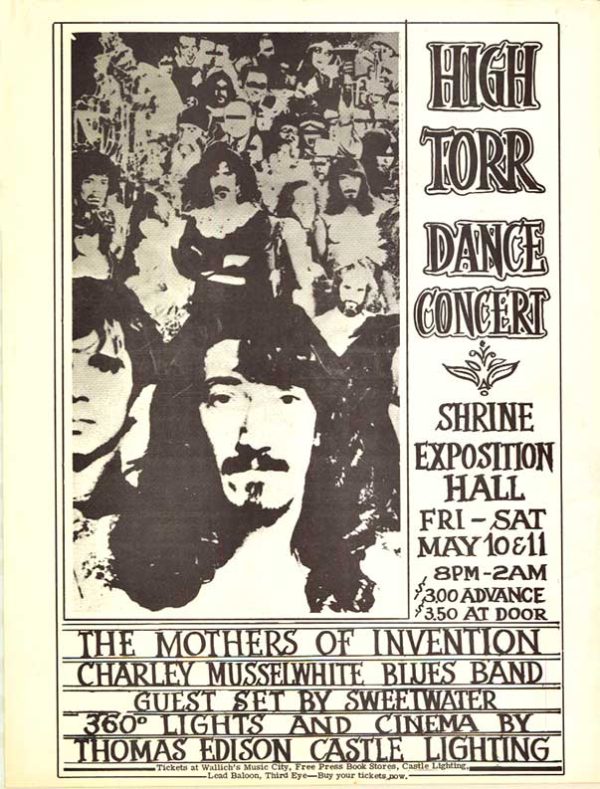 Black-and-white vintage concert handbill featuring THE MOTHERS OF INVENTION and the Charley Musselwhite Blues Band, with event details for the Shrine Exposition Hall.