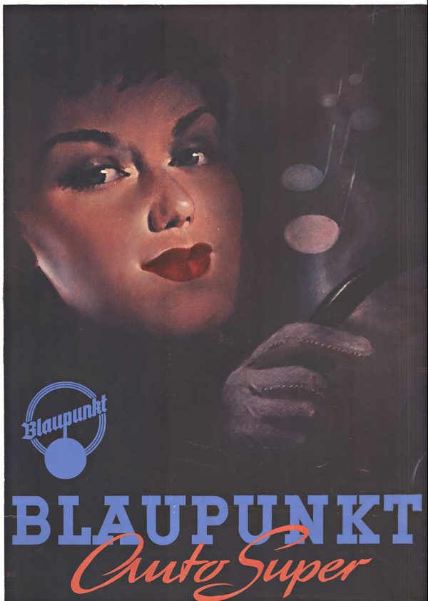 Vintage 1954 Blaupunkt Auto Super original offset-lithograph poster featuring a woman at the steering wheel, professional linen-backed authentic German radio advertisement in excellent condition.