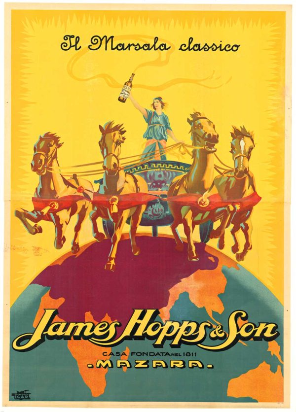 Vintage c. 1930 James Hopps & Son "Il Marsala Classico" poster featuring golden chariot pulled by four horses with classical figure, 2-sheet original lithograph, linen-backed, bright yellow background