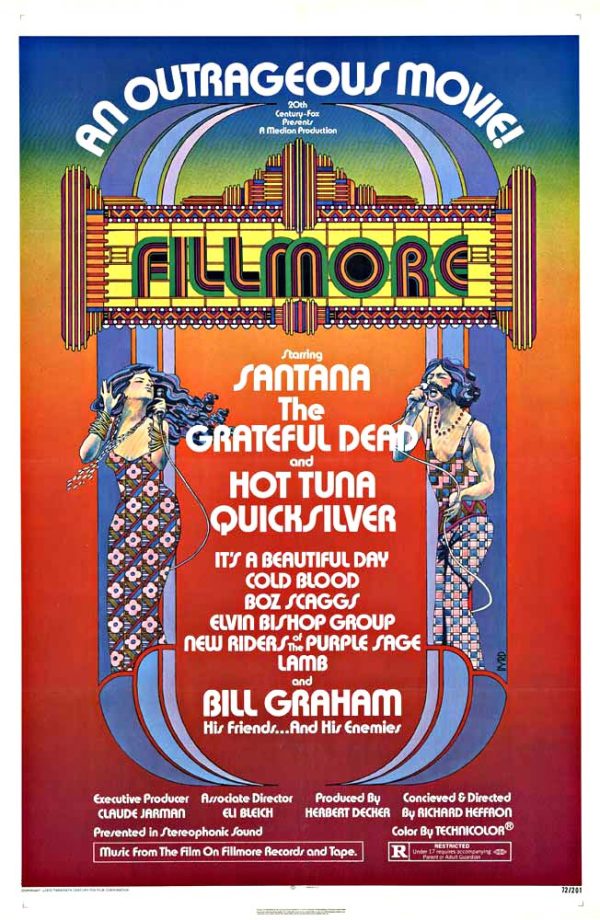 1972 Fillmore U.S. one-sheet poster by David Byrd, featuring symmetrical Art Nouveau-style figures flanking bold psychedelic typography listing Santana and the Grateful Dead.
