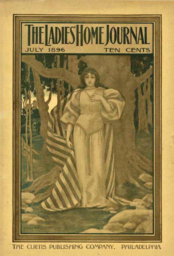 Maxfield Parrish's July 1896 cover for The Ladies' Home Journal featuring a classical female figure in flowing ivory drapery surrounded by stylized foliage, rendered in soft ochres, sage greens, and warm golds.
