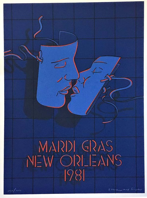 Mardi Gras New Orleans poster by Steven Max Singer (original lithograph/serigraph, hand signed and numbered, masks in blue and red)