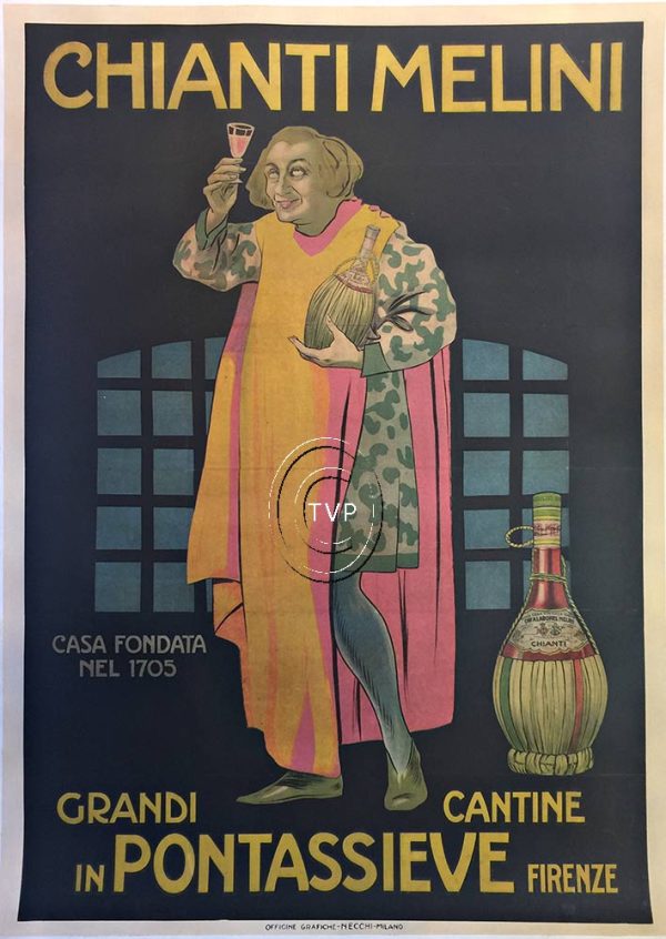 Ultra-rare original 1910 Italian stone lithograph poster for Chianti Melini wine; depicts Benedictine monk in golden-yellow robes and green-patterned cloak inspecting glass of red wine in candlelit cellar with arched windows; fiasco bottle in foreground; "Casa Fondaia Nel 1705" and "Grandi Cantine" text; archival linen-backed conservation restoration; 39.5" x 55"