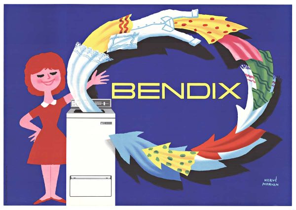 Original circa 1965 French stone-lithograph poster for Bendix washing machines by artist Hervé Morvan; features smiling red-haired housewife in red dress with white Bendix appliance, spinning clothes depicted as dynamic yellow and red arrows suggesting speed and centrifugal motion against vibrant blue background; mid-century modern design, 30.5" × 43" horizontal, linen-backed original in very good condition.