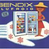 Original Hervé Morvan lithographic poster for Bendix Alufroid refrigerator, 1965, 30.5" x 43" French mid-century vintage advertisement featuring stylish woman and turquoise refrigerator with snowflakes and blue background