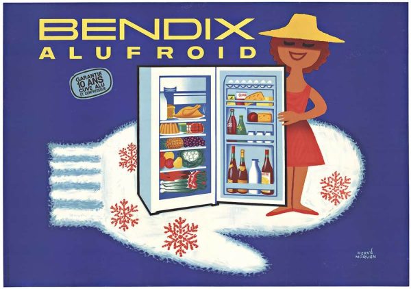 Original Hervé Morvan lithographic poster for Bendix Alufroid refrigerator, 1965, 30.5" x 43" French mid-century vintage advertisement featuring stylish woman and turquoise refrigerator with snowflakes and blue background