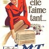 Original vintage French radio poster circa 1940s by Sodico for L.M.T., features elegant woman in red coat with bouquet of flowers, authenticated antique lithograph. Linen-backed original poster in very good condition, design artifact of interwar consumer luxury.