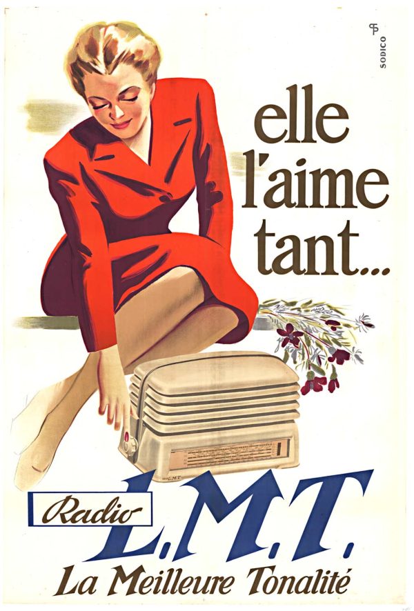 Original vintage French radio poster circa 1940s by Sodico for L.M.T., features elegant woman in red coat with bouquet of flowers, authenticated antique lithograph. Linen-backed original poster in very good condition, design artifact of interwar consumer luxury.