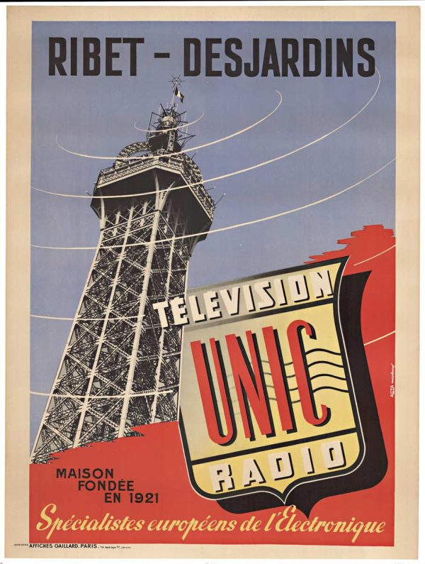 Original J L Noel Schneider Radio-Television c. 1950 linen-backed lithograph—a rare authenticated vintage poster featuring modernist flower-shaped designs representing radio and television broadcasting capabilities, displayed in vibrant magenta and yellow hues.