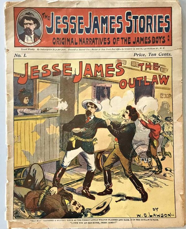 Original December 1901 issue of Jesse James Stories published by Street & Smith, featuring dynamic action cover illustration of Jesse James in gunfight with lawmen. Bold red and black typography. Nickel weekly periodical, complete save back cover.