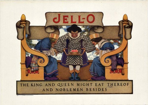 Original 1921 Jell-O lithograph poster by legendary American illustrator Maxfield Parrish; features art deco design showing king and queen served elaborate red Jello dessert by servant, gold decorative frames, caption "The King and Queen might eat thereof and noblemen besides"; small format 10" × 7", linen-backed original printing in fine condition.