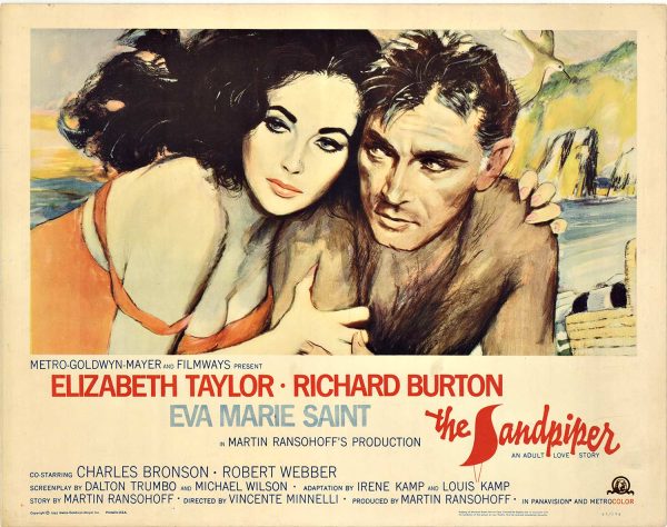 The Sandpiper (1965) vintage movie poster featuring Elizabeth Taylor and Richard Burton, with MGM branding and the title text, original theater issue printed on heavier paper stock (22" x 28"), not linen backed.