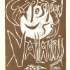 "Pablo Picasso Exposition Vallauris original lithograph poster, abstract figure with wild typography in white lines on brown background, 1959 French ceramics exhibition"