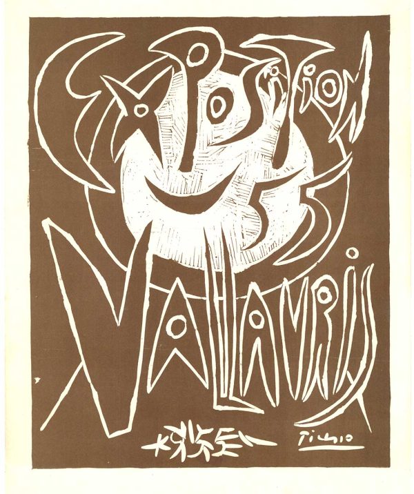 "Pablo Picasso Exposition Vallauris original lithograph poster, abstract figure with wild typography in white lines on brown background, 1959 French ceramics exhibition"