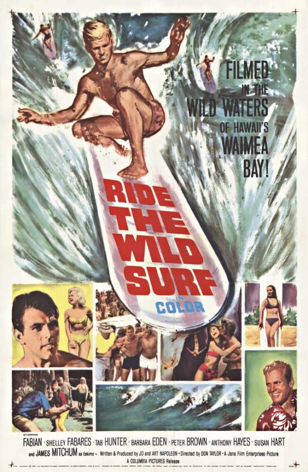 1Original 1964 Ride the Wild Surf one-sheet film poster featuring surfer in ocean wave, Fabian and Shelley Fabares cast photos, offset-lithograph, linen-backed, 27x41 inches.