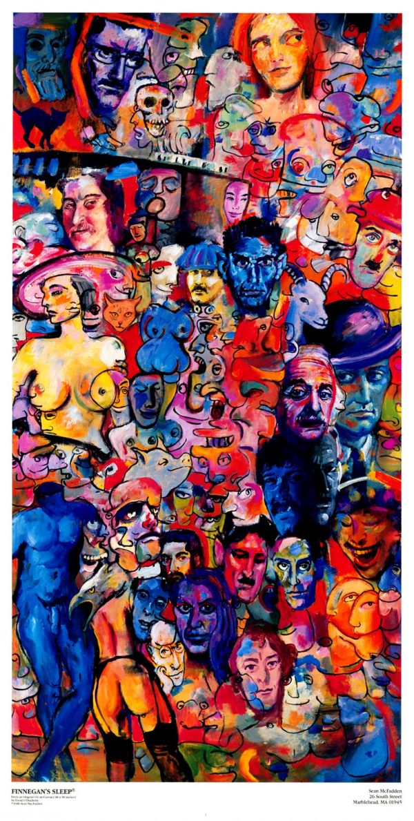David O'Docherty Finnegan's Sleep 1986 expressionist poster with vibrant ensemble of faces, portraits, and nudes, original contemporary art lithograph