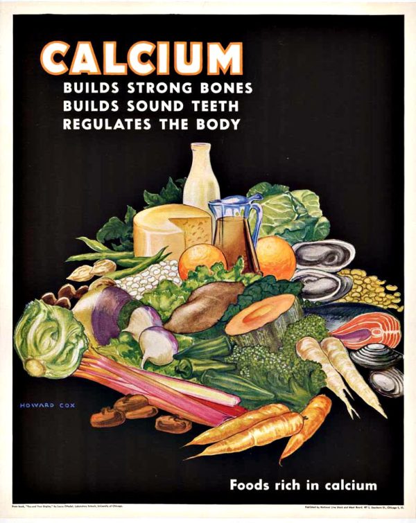 Nutritional education poster featuring abundant arrangement of calcium-rich foods (milk bottle, cheese, vegetables, legumes, leafy greens, root vegetables) against bold black background; mid-century modern design with pale yellows, golds, greens, and earth tones; cream and golden title text.