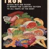 Nutritional education poster featuring vibrant arrangement of iron-rich foods (meats, fish, vegetables, legumes, eggs, fruits) against bold black background; mid-century modern design with rich reds, golds, oranges, and earth tones; cream and golden title text.