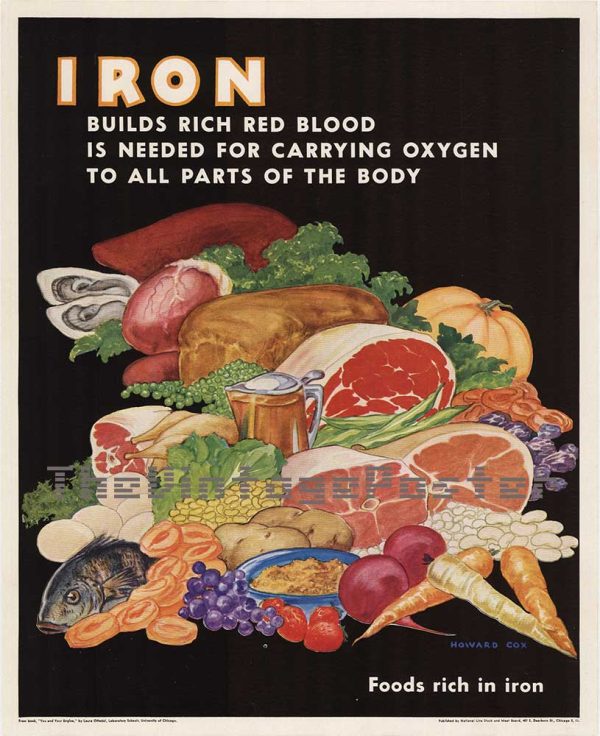 Nutritional education poster featuring vibrant arrangement of iron-rich foods (meats, fish, vegetables, legumes, eggs, fruits) against bold black background; mid-century modern design with rich reds, golds, oranges, and earth tones; cream and golden title text.