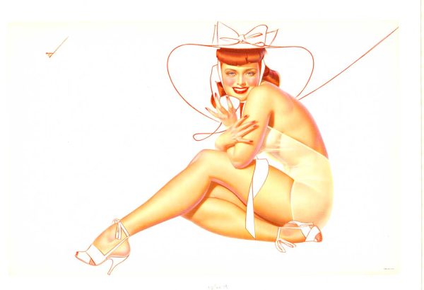 Original George Petty Pinup: Woman with Big Sunhat and Telephone offset-lithograph poster, Museum linen backed, Grade A condition, INV. #18313.